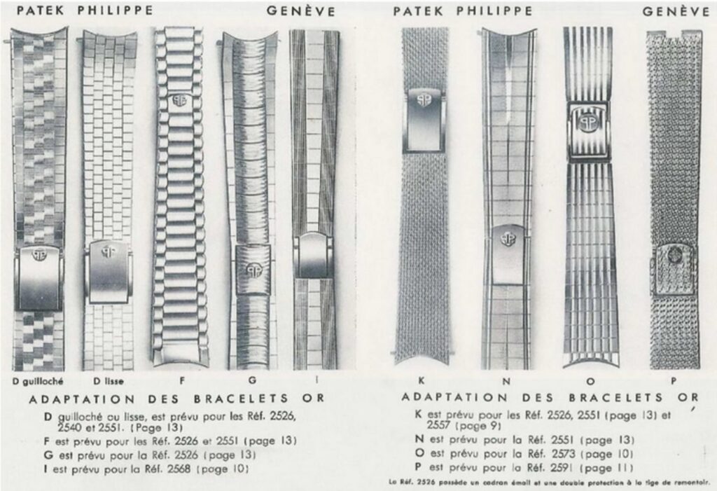 foglio antico raffigurante le diverse combinazioni di bracciali di patek philippe