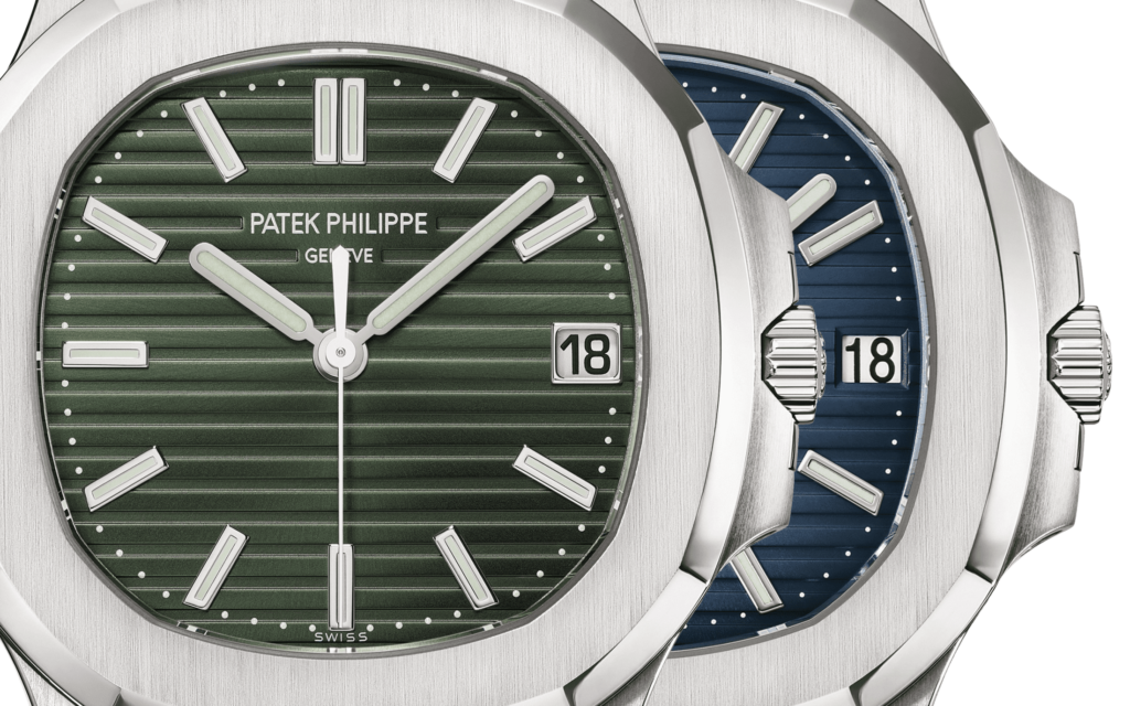Two Patek Philippe Nautilus 5711 one with green and one with blue dial