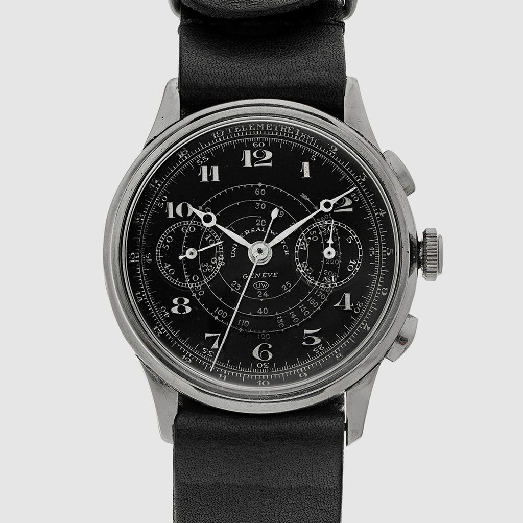Universal Watch Co. cronografo con quadrante nero e indici oro bianco breguet