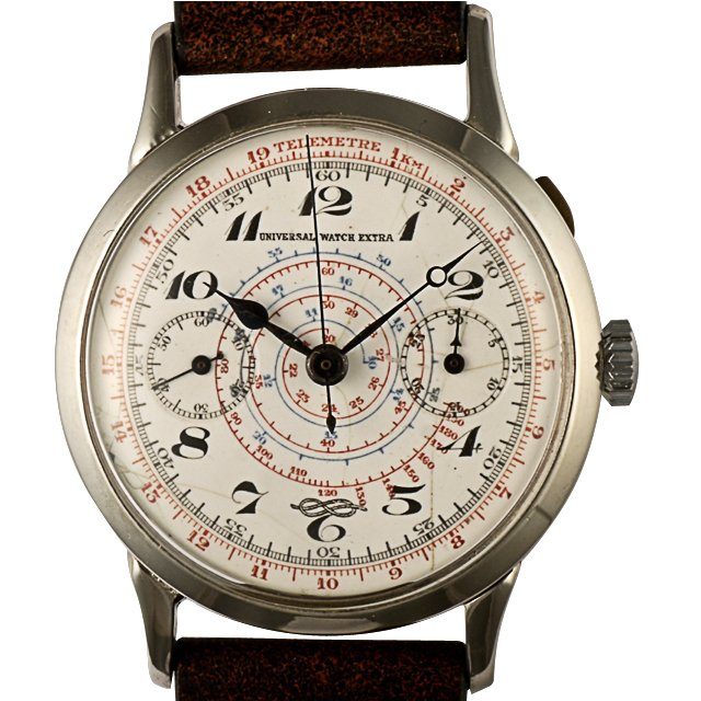 Foto di universal watch extra. Cronografo vintage con quadrante bianco invecchiato numeri breguet.