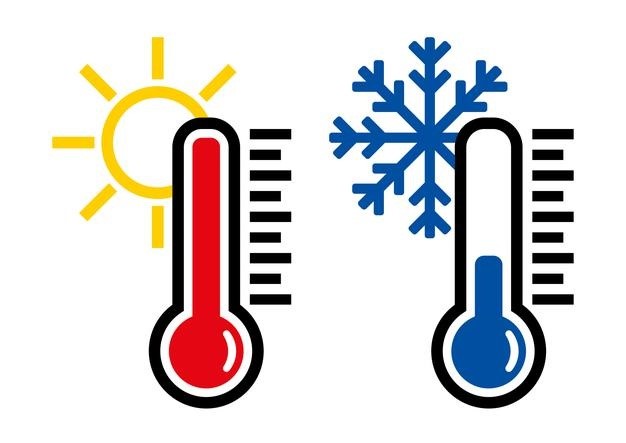 two icons of thermometers. Hot one with the sun on the side and a cold one with a snowflake on its side.