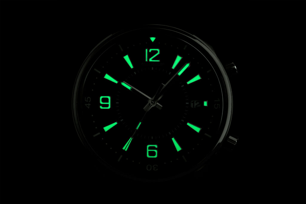 Jaeger-LeCoultre Polaris date in the dark with SuperLuminova indexes and hands glowing
