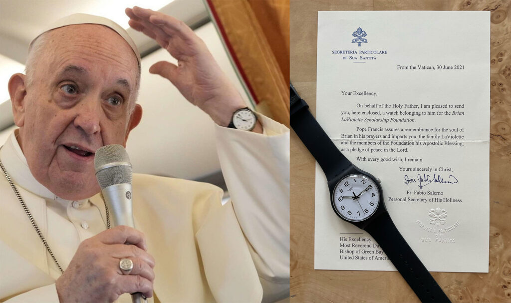 Pope Francis wearing his swatch on the left and his swatch with the donation letter from his secretary on the right