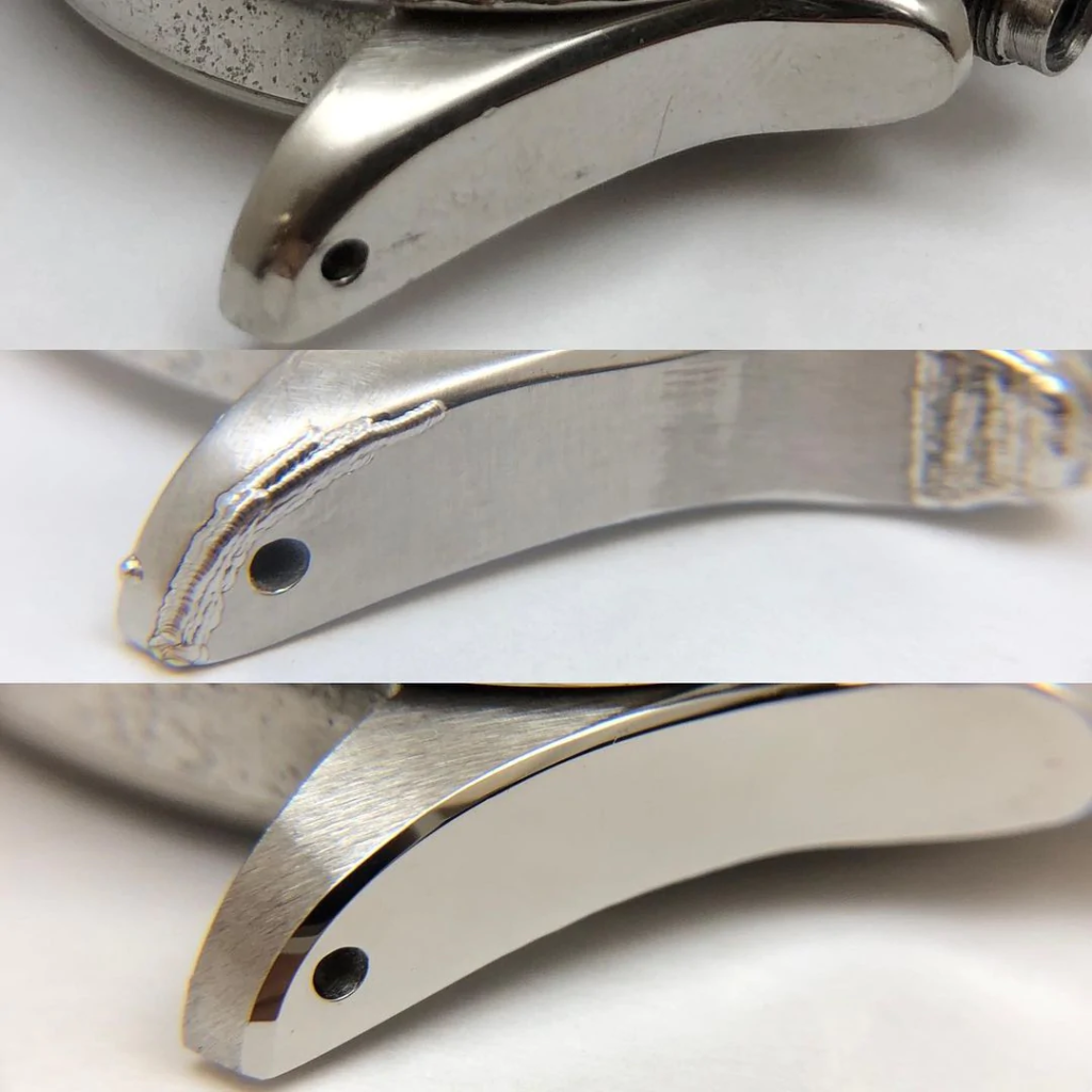 Lugs of a watch after polishing (top), during laser and lapping treatment (middle), and after lapping treatment (bottom) 