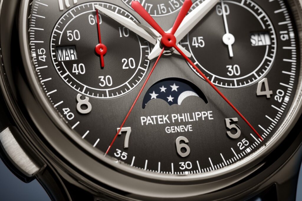 macro sul quadrante del Patek Philippe 5373P rattrapante cronografo monopulsante calendario perpetuo