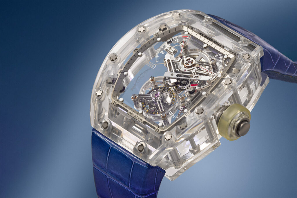 The Richard Mille RM 56-01 watch in prototype sapphire by Jean Todt with an alligator strap
