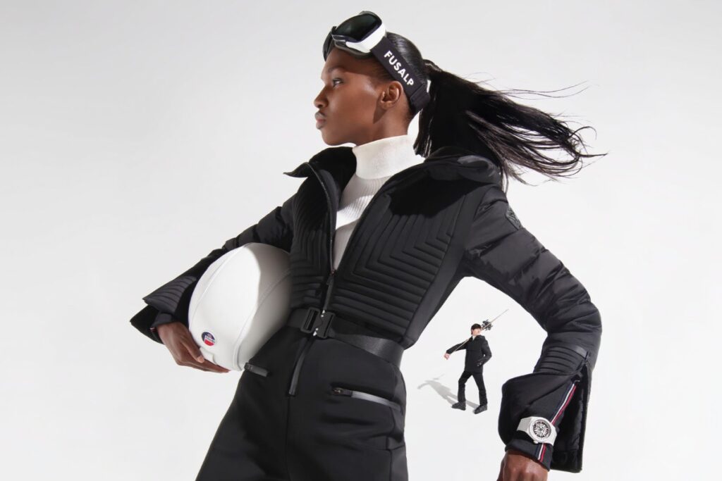 zenith x fusalp capsule collection shooting with model wearing a zenith x fusalp ski suit and watch