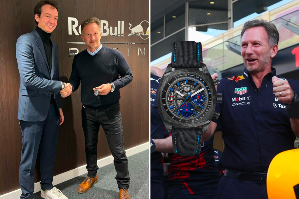 Frédéric Arnault CEO di TAG Heuer e Christian Horner team principal di Oracle Red Bull Racing, con il nuovo Monza Flyback Chronometer