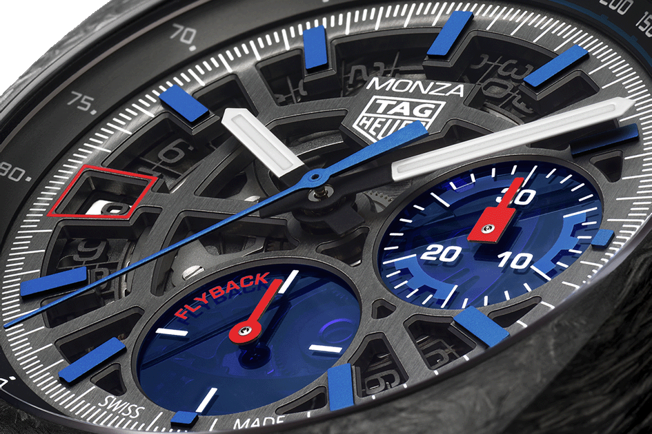 il quadrante scheletrato del nuovo TAG Heuer Monza Flyback Chronometer