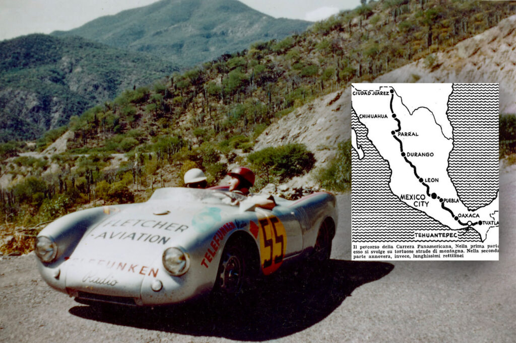 foto storica della carrera panamericana con il percorso affianco