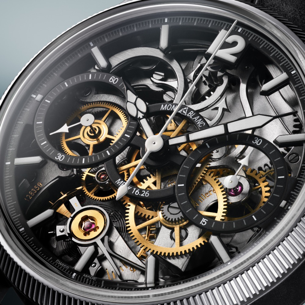 macro shot of the dial of the Montblanc Unveiled Secret Minerva Monopusher Chronograph
