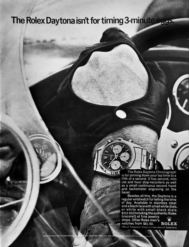 Vintage print ad Rolex con scritta "Rolex Daytona isn't for timing 3-minute eggs.